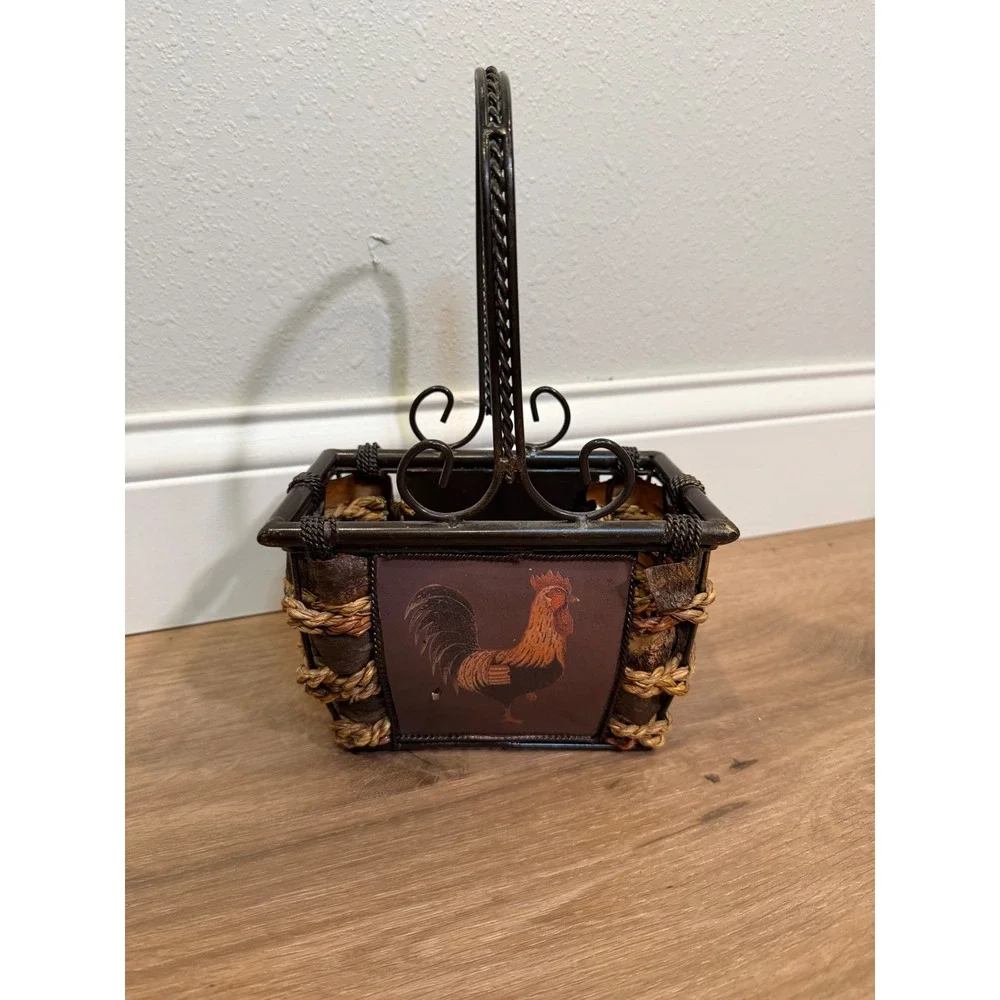Rooster Decorative Basket Small Brown Rustic Farmhouse Country Kitchen Farm